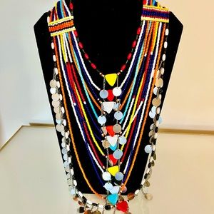 Very special colorful tribal style multi strand necklace with leather closure